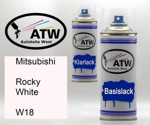 Mitsubishi, Rocky White, W18: 400ml Sprühdose + 400ml Klarlack - Set, von ATW Autoteile West.